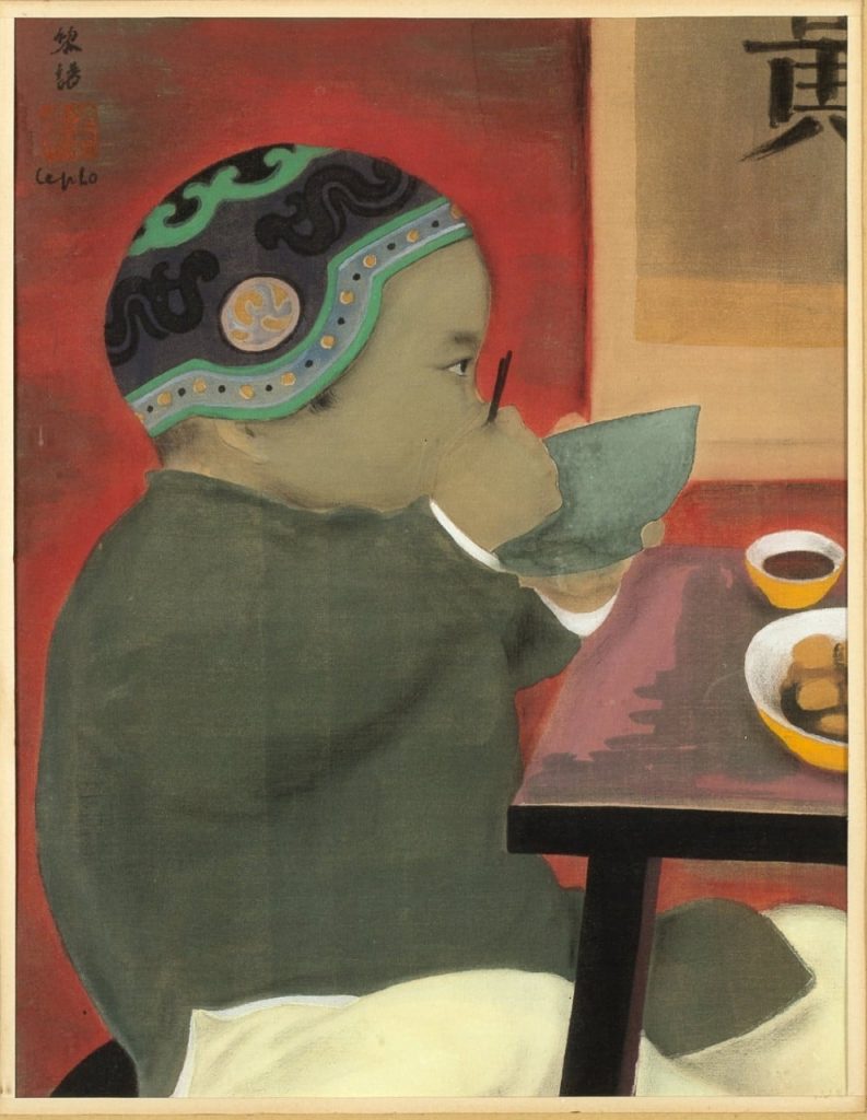 SPECIAL WORK OF SILK ‘PETIT GARCON ATTABLE – A BOY SITTING AT THE TABLE’ BY LE PHO (1907-2001)